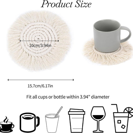 Boho Coasters for Drinks Absorbent Crochet Coasters Round Boho Coaster Set of 2 Housewarming Gift Bar Coffee Table Office Desk Decor, White