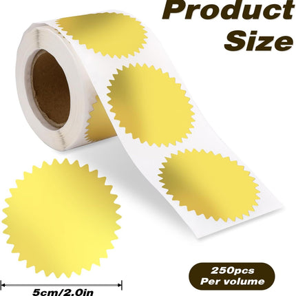 Gold Seals for Certificates 2" Round Gold Envelope Seal Stickers Golden Metallic Embossing Foil Sticker with Serrated Edge for Package, Wedding Envelope, Graduation, 250 Stickers Per Roll