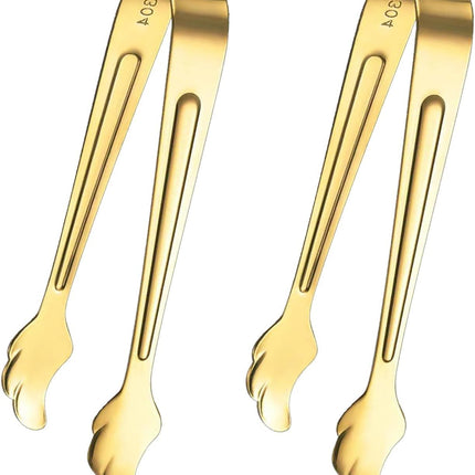 2 Pack Mini Tongs for Appetizer, 4.16 Inch Stainless Steel Ice Tongs Mini Sugar Tongs for Coffee Bar Tea Party Desserts Party Sugar and Ice Bucket(Gold)