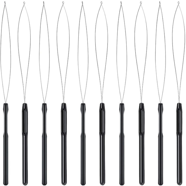 10 Pieces Hair Extension Loop Needle Threader Pulling Hook Tool and Bead Device Tool Black Loop Threader