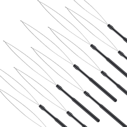 10 Pieces Hair Extension Loop Needle Threader Pulling Hook Tool and Bead Device Tool Black Loop Threader for Hair or Feather Extensions (Black)