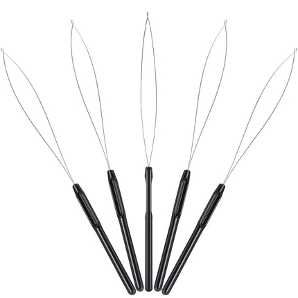 10 Pieces Hair Extension Loop Needle Threader Pulling Hook Tool and Bead Device Tool Black Loop Threader for Hair or Feather Extensions (Black)
