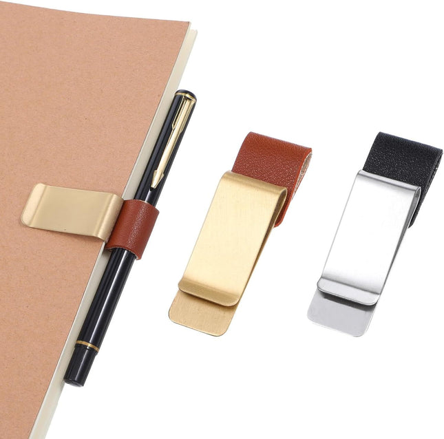 2 Pcs PU Leather Retro Notebook Pen Clips Metal Pen Loop Holder Sleeve