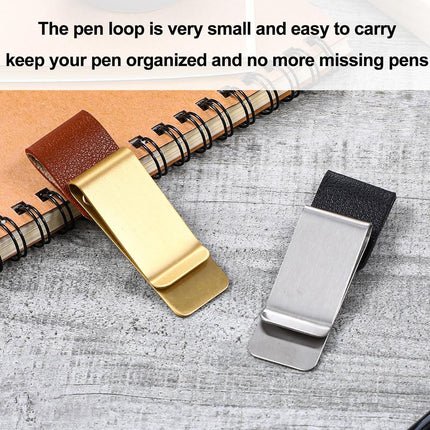2 Pcs PU Leather Retro Notebook Pen Clips Metal Pen Loop Holder Sleeve - Silver & Gold