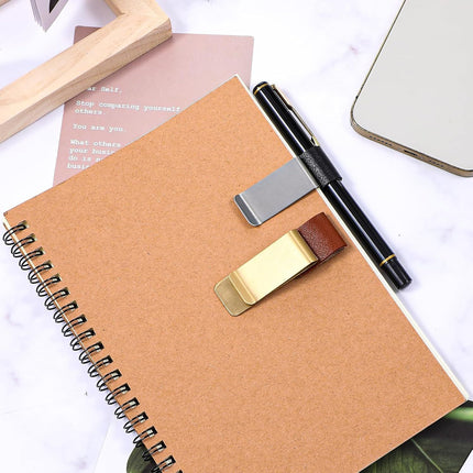 2 Pcs PU Leather Retro Notebook Pen Clips Metal Pen Loop Holder Sleeve - Silver & Gold