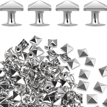 100 Sets 10mm Square Leather Rivets, Metal Pyramid Spike Studs Rivet for Leather Wrists Boots Clothing Pet Collars Belt Bags Punk Bracelets Key Fob DIY Repair and Decoration (Silver)