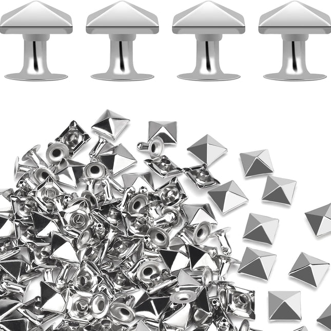 100 Sets 10mm Square Leather Rivets, Metal Pyramid Spike Studs Rivet for Leather Wrists Boots Clothing Pet Collars Belt Bags Punk Bracelets Key Fob DIY Repair and Decoration (Silver)