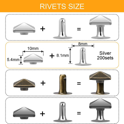 100 Sets 10mm Square Leather Rivets, Metal Pyramid Spike Studs Rivet for Leather Wrists Boots Clothing Pet Collars Belt Bags Punk Bracelets Key Fob DIY Repair and Decoration (Silver)