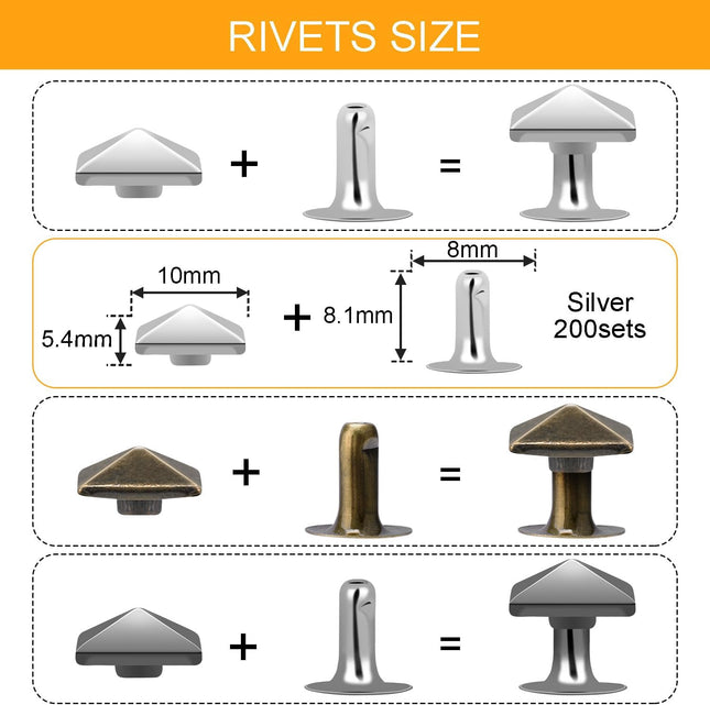 100 Sets 10mm Square Leather Rivets Metal Pyramid Spike Studs Rivet for Leather Wrists Boots Clothing – product detail