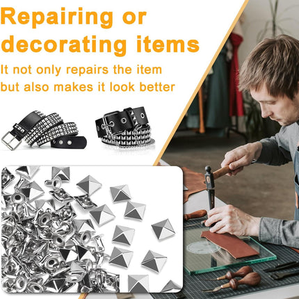 100 Sets 10mm Square Leather Rivets, Metal Pyramid Spike Studs Rivet for Leather Wrists Boots Clothing Pet Collars Belt Bags Punk Bracelets Key Fob DIY Repair and Decoration (Silver)