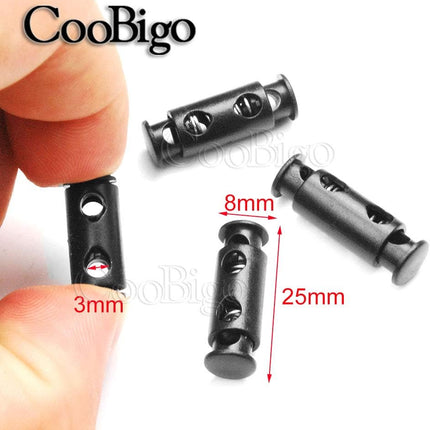CooBigo 50pcs Cord Lock Ends 3mm Double Hole Fastener Slider Rope Clip Spring Clamp Stopper For DrawStrings Paracord Bag Elastic Rope Parts