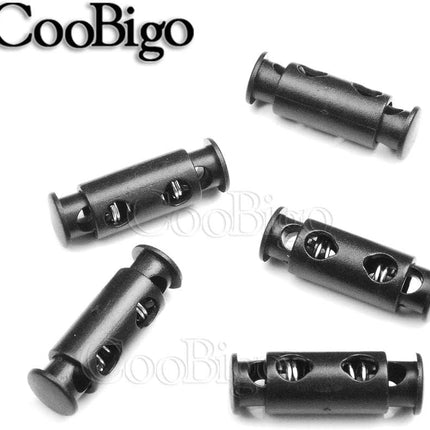 CooBigo 50pcs Cord Lock Ends 3mm Double Hole Fastener Slider Rope Clip Spring Clamp Stopper For DrawStrings Paracord Bag Elastic Rope Parts