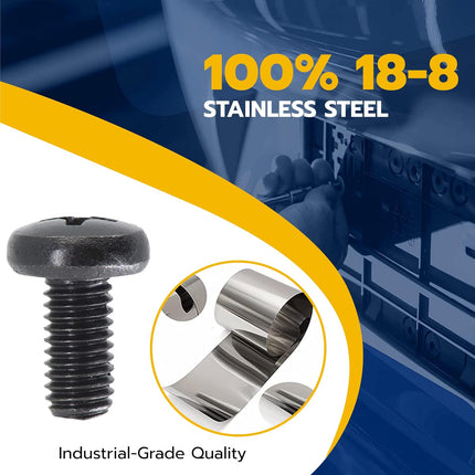 Black License Plate Screws for Audi and VW, Phillips Machine Pan Head 18-8, Stainless Steel, M6-1.0 x 12 mm Bolt (Pack of 4)