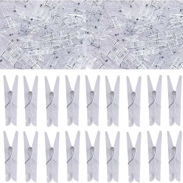 Yansanido 100pcs Mini Clear Plastic Utility Paper Clip, Clothespins Clips, Clothes Line String Clips, mini Clothes Pins for Photo for String Fairy Lights Color Clear(100pcs Clear Plastic Clips)