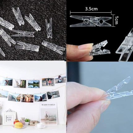 Yansanido 100pcs Mini Clear Plastic Utility Paper Clip, Clothespins Clips, Clothes Line String Clips, mini Clothes Pins for Photo for String Fairy Lights Color Clear(100pcs Clear Plastic Clips)