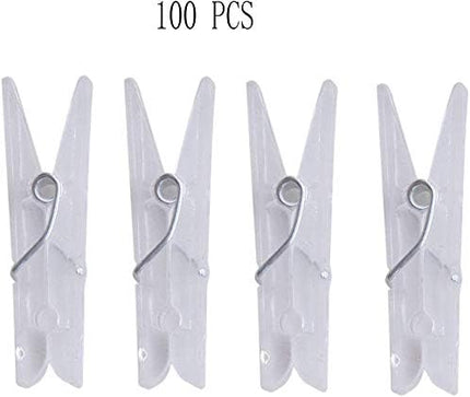 Yansanido 100pcs Mini Clear Plastic Utility Paper Clip, Clothespins Clips, Clothes Line String Clips, mini Clothes Pins for Photo for String Fairy Lights Color Clear(100pcs Clear Plastic Clips)