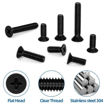 #8-32 x 1/2" Black Countersunk Flat Head Machine Screws, Electrical Outlet Screws, Full Thread, 304 Stainless Steel, Black Finish, 50 PCS