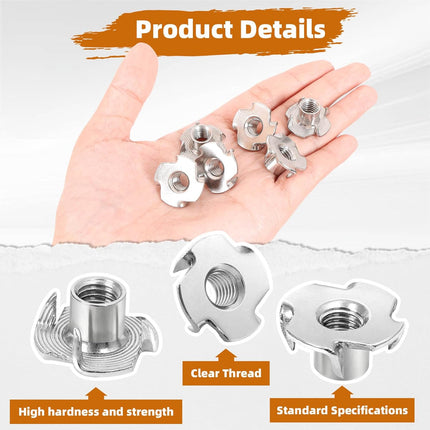 1/4"-20 Stainless Steel T-Nuts Durable Anti-Corrosion Threaded Inserts Tee Nut Four Prongs Nut for Wood and Furniture, 50 PCS