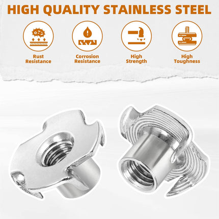 1/4"-20 Stainless Steel T-Nuts Durable Anti-Corrosion Threaded Inserts Tee Nut Four Prongs Nut for Wood and Furniture, 50 PCS