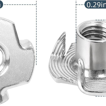 1/4"-20 Stainless Steel T-Nuts Durable Anti-Corrosion Threaded Inserts Tee Nut Four Prongs Nut for Wood and Furniture, 50 PCS