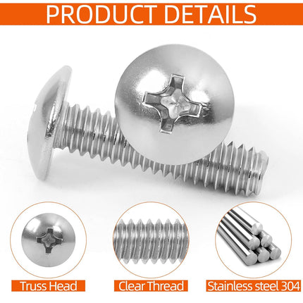 #10-24 x 1-1/2" Truss Head Bolts Machine Screws, Full Thread, 304 Stainless Steel, 50 PCS