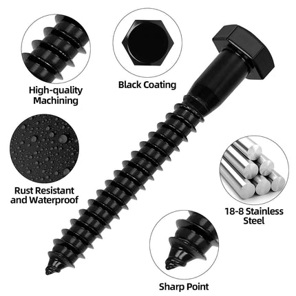 1/4" x 1" Stainless Steel Lag Screws Bolts, Heavy Duty External Hex Head Wood Screws, Black Finish, Full Thread, 25 PCS