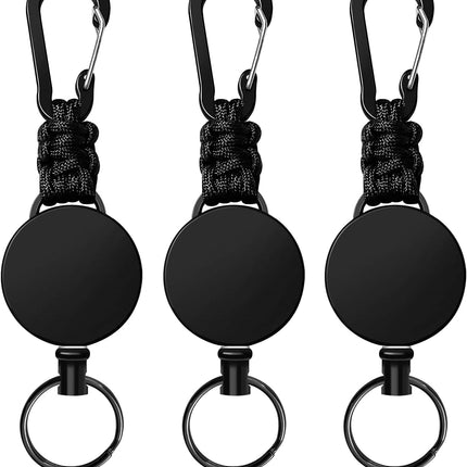 Retractable Keychain 3 Pack Heavy Duty Carabiner Badge Holder Extendable Reel ID Badge Holders Retractable for Keys Ring with 60 cm Steel Cord and Lanyard (Black)