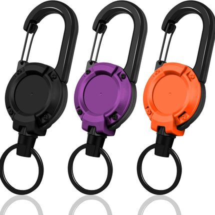 Retractable Keychain 3 Pack, Heavy Duty ID Badge Holder Reel, Multitool Carabine Key Holder for Keychain, Badge Holder with 25.6" Steel Retractable Cord Key Ring Clip, 8.8 oz (Black+Purple+Orange)