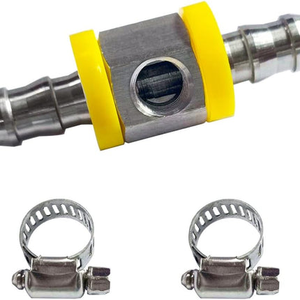 3/8” Fuel Line Fuel Pressure Barbed Ph Lock T-Fitting Adapter with 1/8-27 NPT Sensor Port 304 Stainless Steel Includes 2 Clamps Fits Hose with 9.5mm ID Inner Diameter