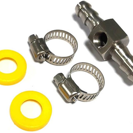 3/8” Fuel Line Fuel Pressure Barbed Ph Lock T-Fitting Adapter with 1/8-27 NPT Sensor Port 304 Stainless Steel Includes 2 Clamps Fits Hose with 9.5mm ID Inner Diameter