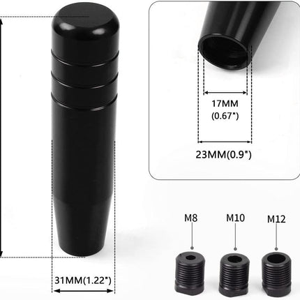 5" Gear Stick Shifter Knobs, Aluminum Alloy Shifting Lever Heavy Weighted Car Manual Transmission Shift Head Knob Fit Most Automatic Vehicles with 3 Adapters M8 M10 M12 (Black)