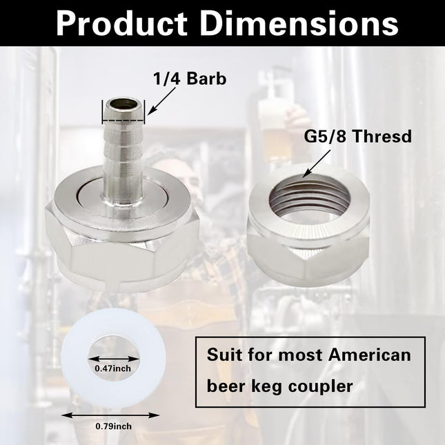 Keg Coupler Barb Connector 1/4'' Barb x G5/8 Thread Stainless Steel 304 Beer Kegerator Sankey Couplers (2 – product detail