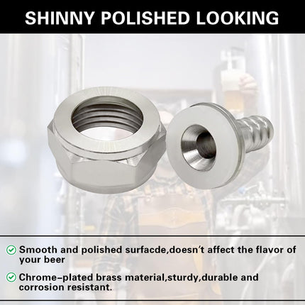Keg Coupler Barb Connector, 1/4'' Barb x G5/8 Thread Stainless Steel 304 Beer Kegerator Sankey Couplers Hex Nut Beer Line Tailpiece Nipple Fitting with Sealing Gasket Washer(2 Pack)