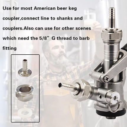Keg Coupler Barb Connector, 1/4'' Barb x G5/8 Thread Stainless Steel 304 Beer Kegerator Sankey Couplers Hex Nut Beer Line Tailpiece Nipple Fitting with Sealing Gasket Washer(2 Pack)