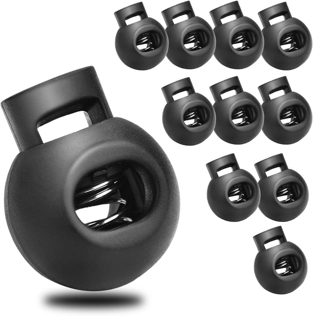 CooBigo 50Pack Single Hole Round Plastic Cord Locks Spring Toggle Stopper for Drawstring Paracord in Black