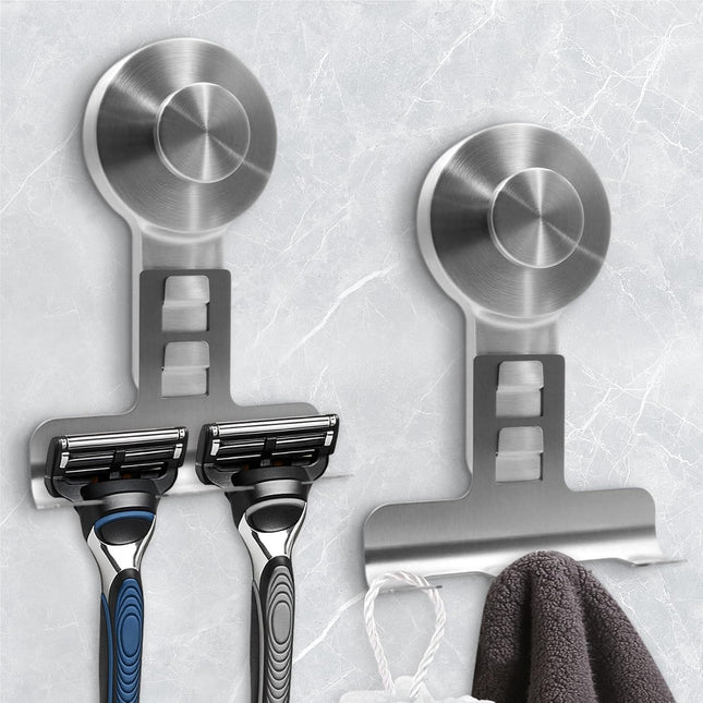 Suction Cup Razor Holder for Shower Wall 2 Pack Heavy-Duty 15lbs Suction Hooks for Razor Towel in Silver