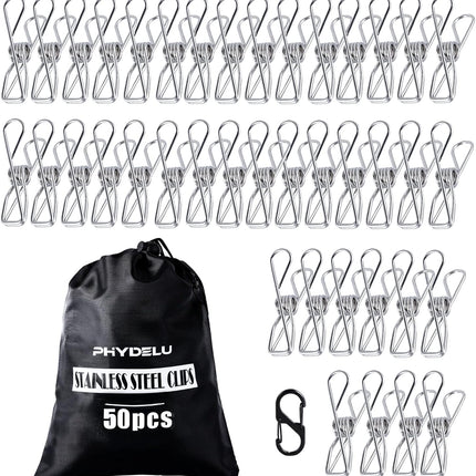 (50PCS) Stainless Steel Laundry Clothes Pins Heavy Duty Outdoor, Clothespins for Hanging Clothes, Metal Clips, Metal Snack Bag Chip Clips for Food Packages, Mini Clothes pins