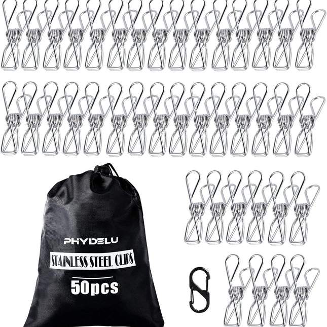 (50PCS) Stainless Steel Laundry Clothes Pins Heavy Duty Outdoor, Clothespins for Hanging Clothes, Metal Clips, Metal Snack Bag Chip Clips for Food Packages, Mini Clothes pins
