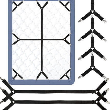 Bed Sheet Straps, 6 Pack Fitted Bed Sheet Fasteners Clips Adjtable Crisscross Bed Sheet Holder Straps for Corners Mattress Sheet Spenders Grippers Bedding Accessories, Black