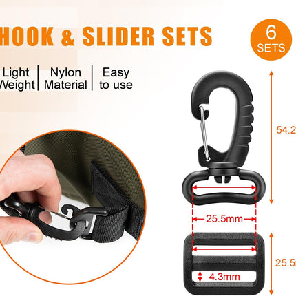 CooBigo 1" Plastic Clip Snap Hook Replacement Buckles Tri-Glide for Webbing Strap Crafting Accessories 6 Set (Hooks & Adjustable Buckle)