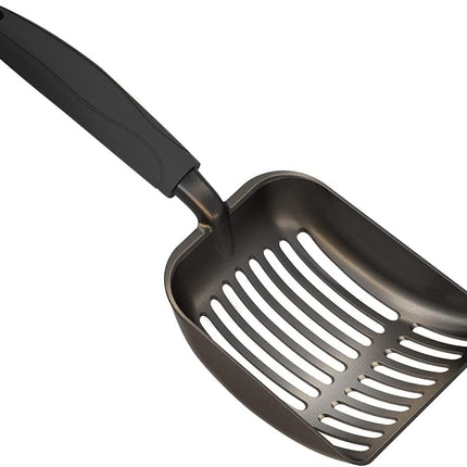Cat Litter Scoop, Non-Stick Plated Aluminum Alloy Sifter, Kitty Durable Metal Scooper, Deep Shovel, Long Handle, Kitten Pooper Lifter, Size Medium, Coated Black Body with Black Handle