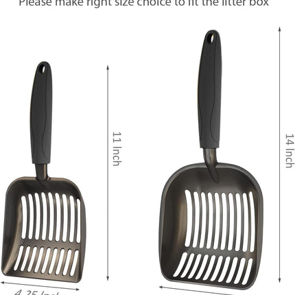 Cat Litter Scoop, Non-Stick Plated Aluminum Alloy Sifter, Kitty Durable Metal Scooper, Deep Shovel, Long Handle, Kitten Pooper Lifter, Size Medium, Coated Black Body with Black Handle