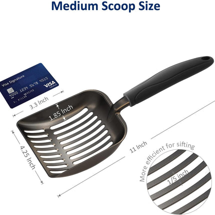 Cat Litter Scoop, Non-Stick Plated Aluminum Alloy Sifter, Kitty Durable Metal Scooper, Deep Shovel, Long Handle, Kitten Pooper Lifter, Size Medium, Coated Black Body with Black Handle