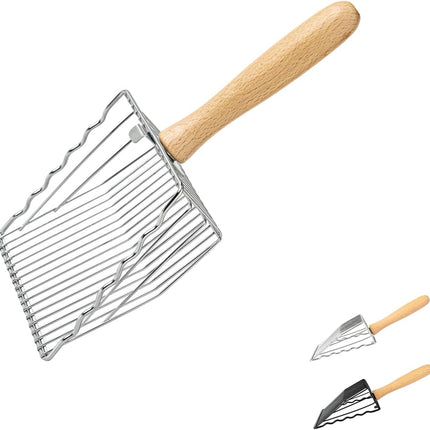 Premium Metal Cat Litter Scoop, 5X Faster Speed Sifter, Heavy Duty Steel Kitty Scooper, Beech Wood Handle, for All Litter Types, Silver