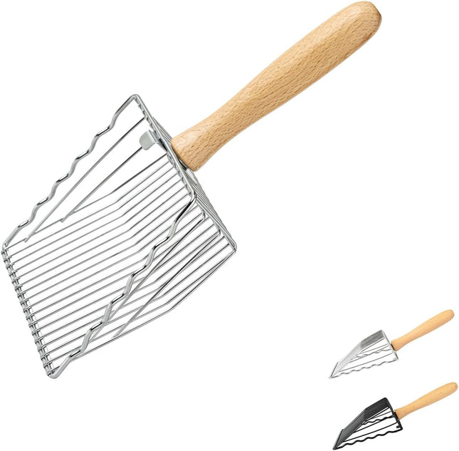 Premium Metal Cat Litter Scoop 5X Faster Speed Sifter Heavy Duty Steel Kitty Scooper Beech Wood Handle for
