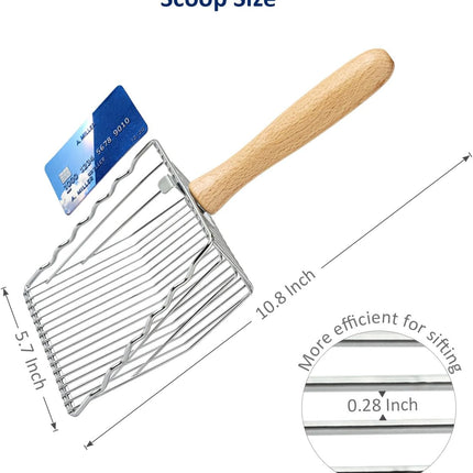 Premium Metal Cat Litter Scoop, 5X Faster Speed Sifter, Heavy Duty Steel Kitty Scooper, Beech Wood Handle, for All Litter Types, Silver