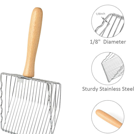Premium Metal Cat Litter Scoop, 5X Faster Speed Sifter, Heavy Duty Steel Kitty Scooper, Beech Wood Handle, for All Litter Types, Silver
