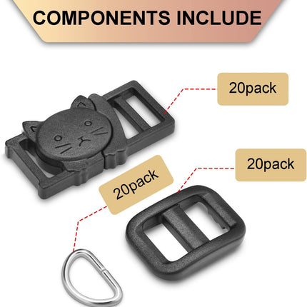 CooBigo 3/8" Breakaway Cat Collars Clasp Kit, 20 Set Break Away Lanyard Clasp Cat Safety Collar Paracord Buckles Accessories(Black)