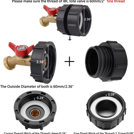 275-330 Gallon IBC Tote Tank Adapter 2" Fine Thread - 1/2" Male NPT Inlet × 3/4" Male GHT Outlet, Brass Hose Faucet Garden Hose Connector