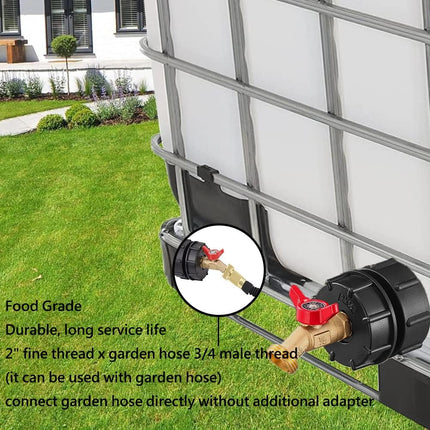 275-330 Gallon IBC Tote Tank Adapter 2" Fine Thread - 1/2" Male NPT Inlet × 3/4" Male GHT Outlet, Brass Hose Faucet Garden Hose Connector
